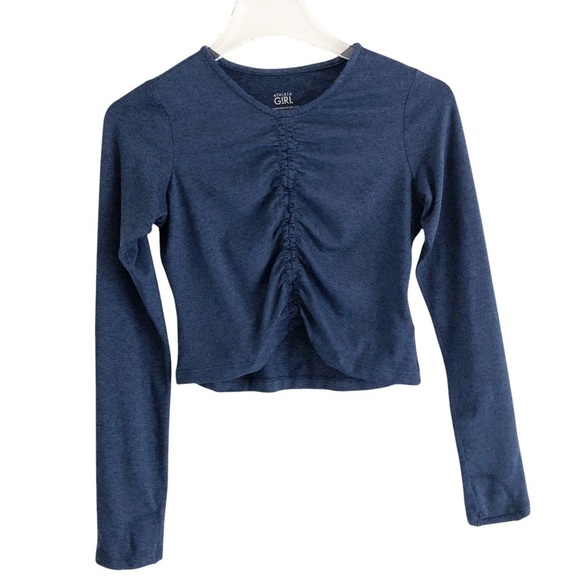 Athleta Girl Downtime Ruched Front Long Sleeve Top Heather Blue Medium - Picture 2 of 7